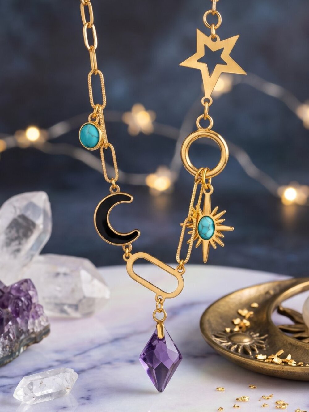 18K Gold Plated Celestial Sun Moon Star Charm Lariat Necklace Boho Whimsigoth